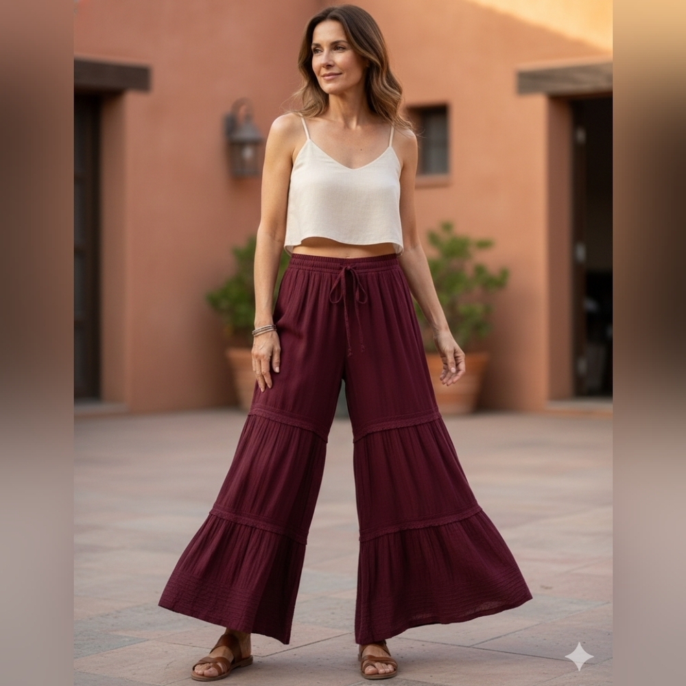 BLU IVY Size M.Elegant Burgundy Wide-Leg Pants